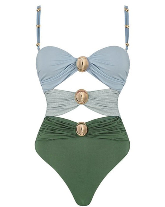 Color Block Cutout One Piece Swimsuit and Sarong Green One Piece