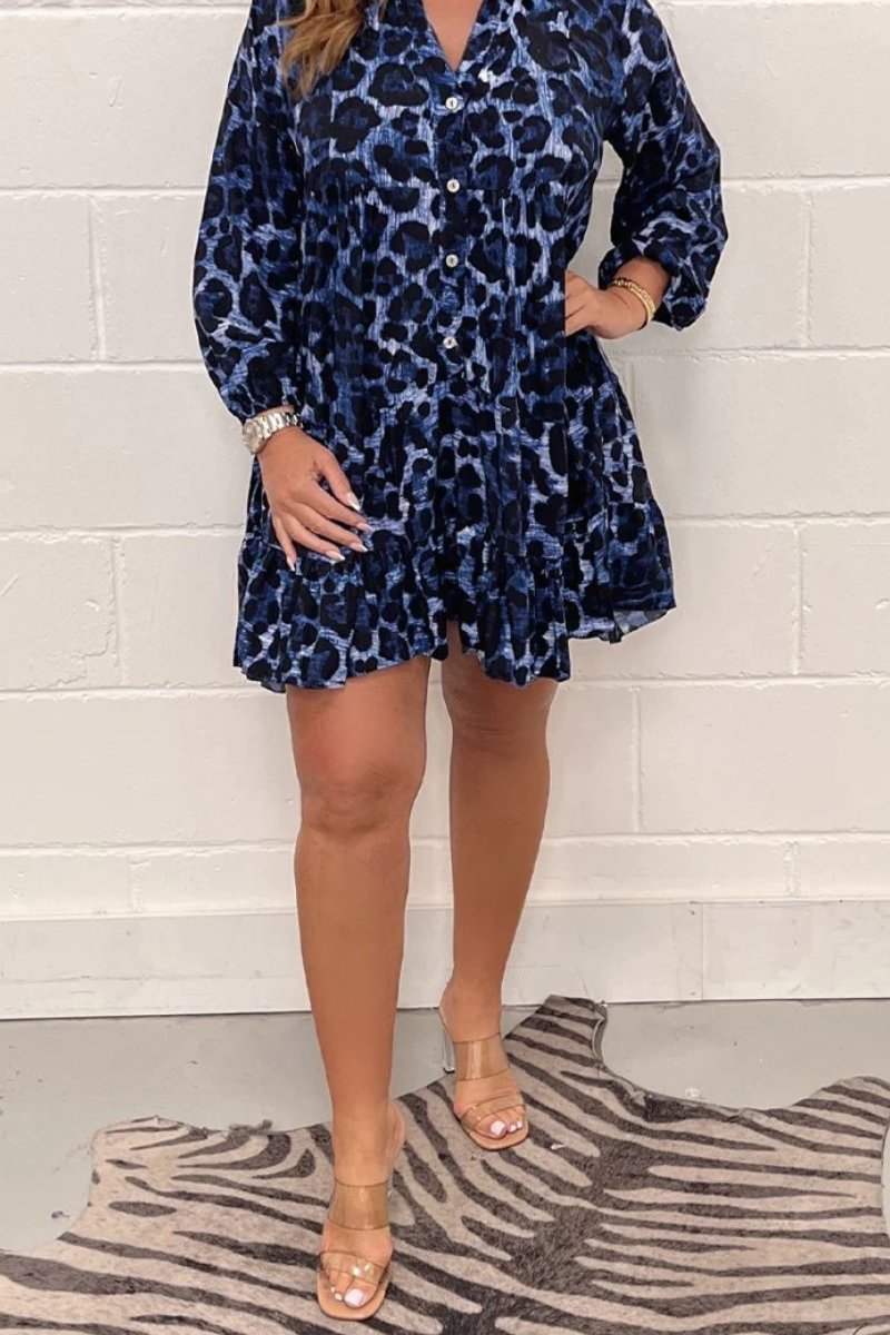 Leopard print V-neck dress Blue