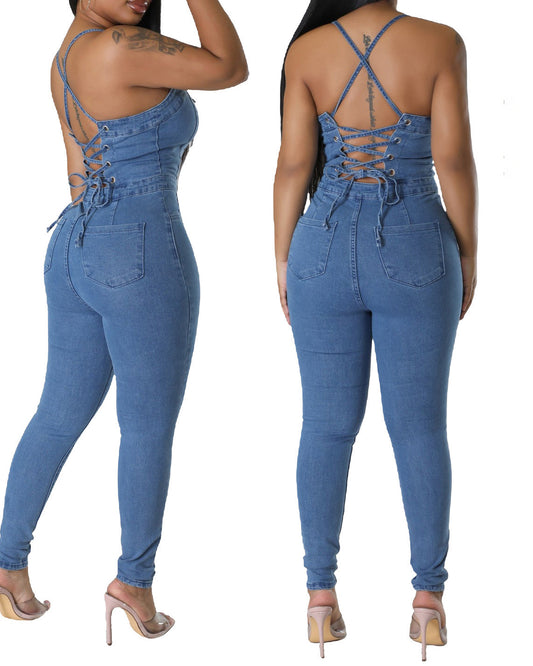 Skinny Stretch Fit Backless Bandage Denim Jumpsuit