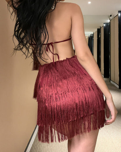 Halter Neck Fringed Backless Dress