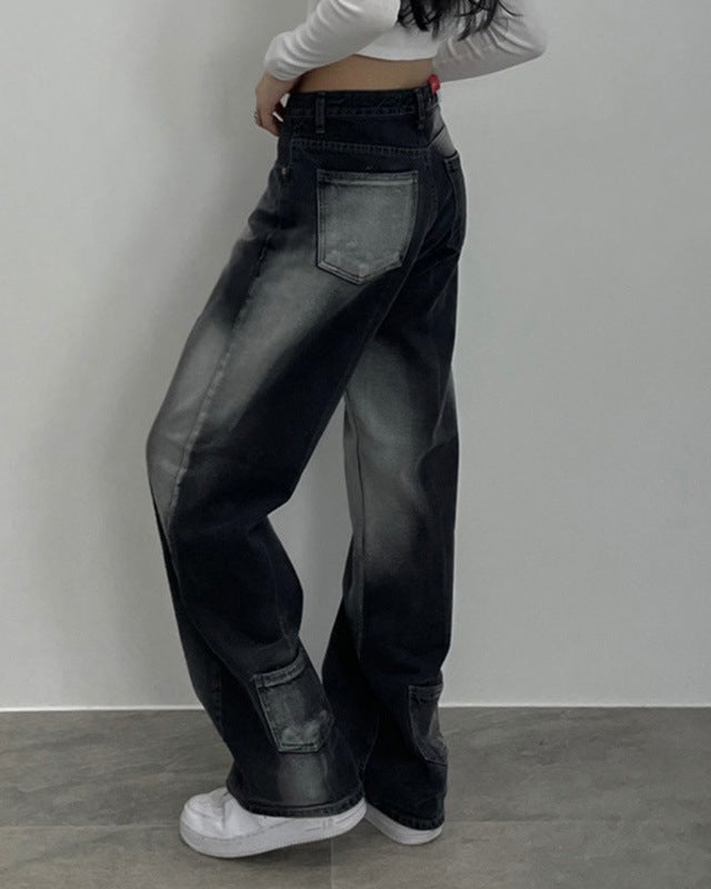 Sfumato Contrast Low-Rise Washed Pockets Loose Wide-Leg Jeans