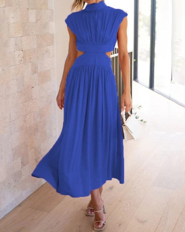 Stand Collar Macaron Waistless Midi Dress Blue