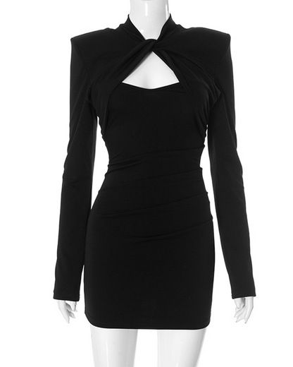 Padded Shoulders Waist Cinch Hip-Hugging Dress