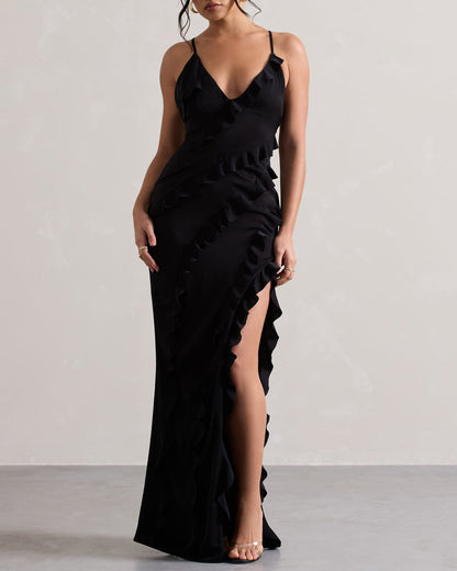 Sexy V-Neck Strapless Side Slit Backless Dress Black