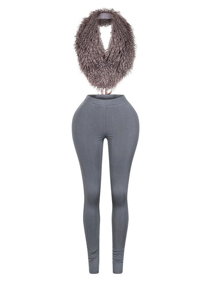 Fur Halter Vest & Leggings Set