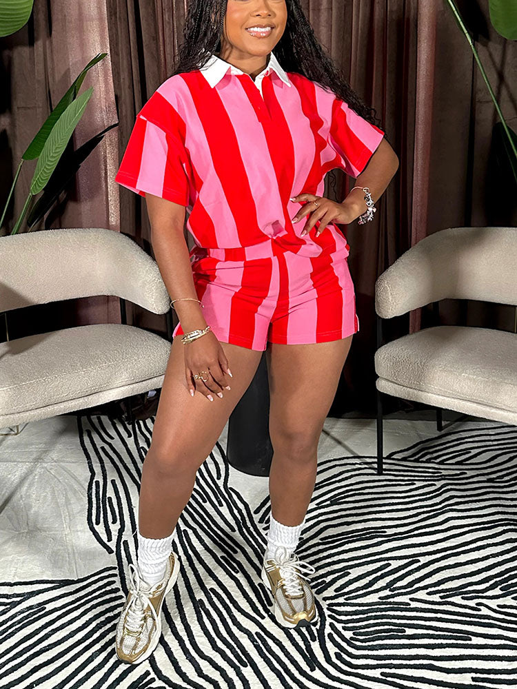 Striped Polo Top & Shorts Set