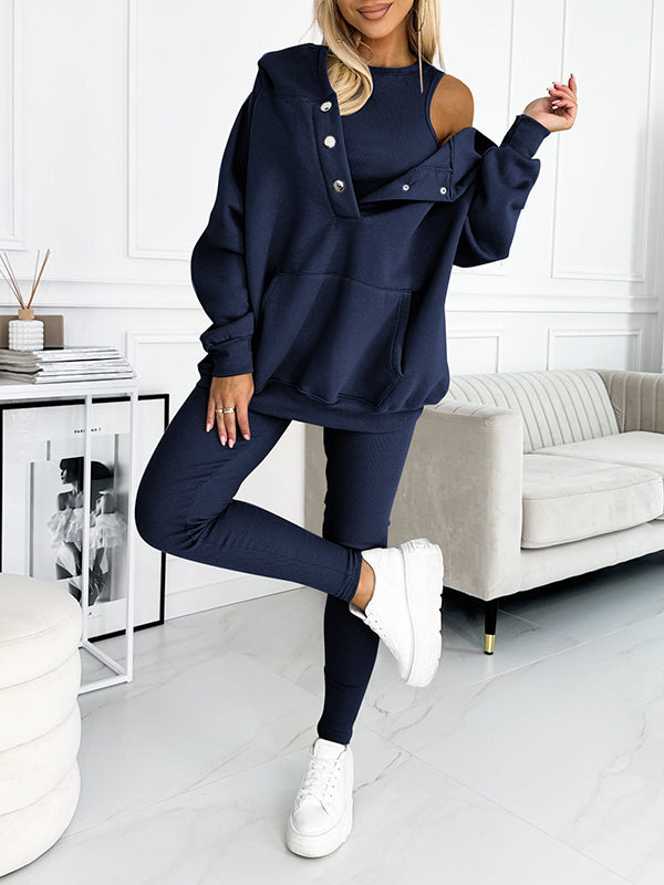 (S-5XL) Plus Size Casual and Comfortable Sweatshirt Three-piece Suit Navy Blue