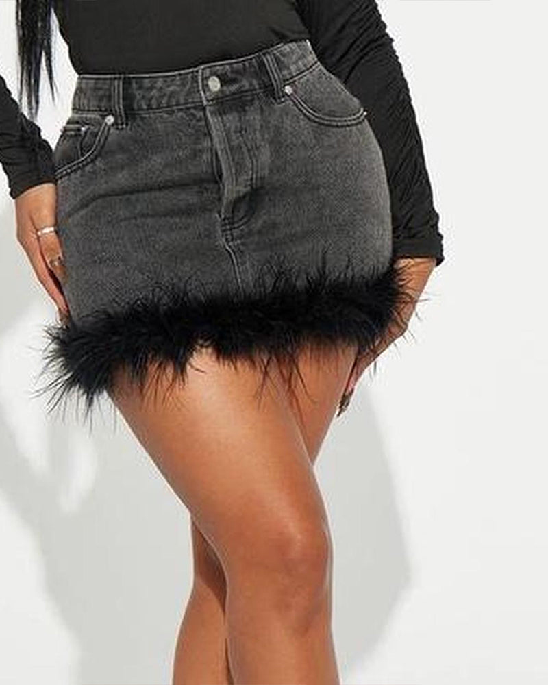 Furry Denim Skirt Black