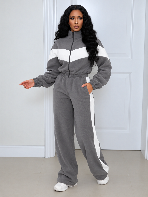 Color Block Fleece Jacket & Pants Set