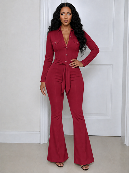 Solid Belted Cargo Flare Jumpsuit
