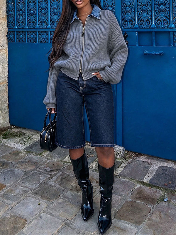 Denim Paneled Double Zip Sweater