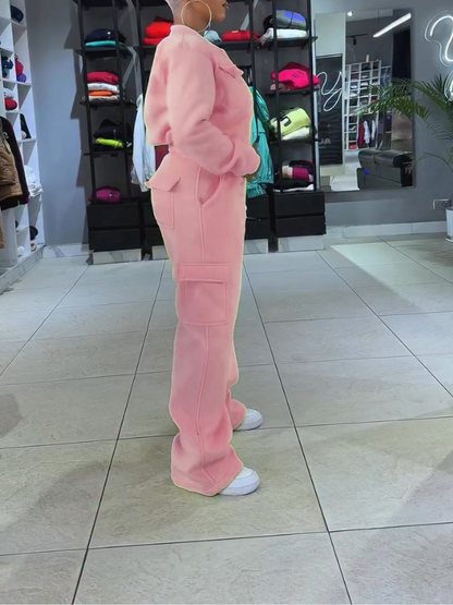 Solid Zip Top & Cargo Pants Set