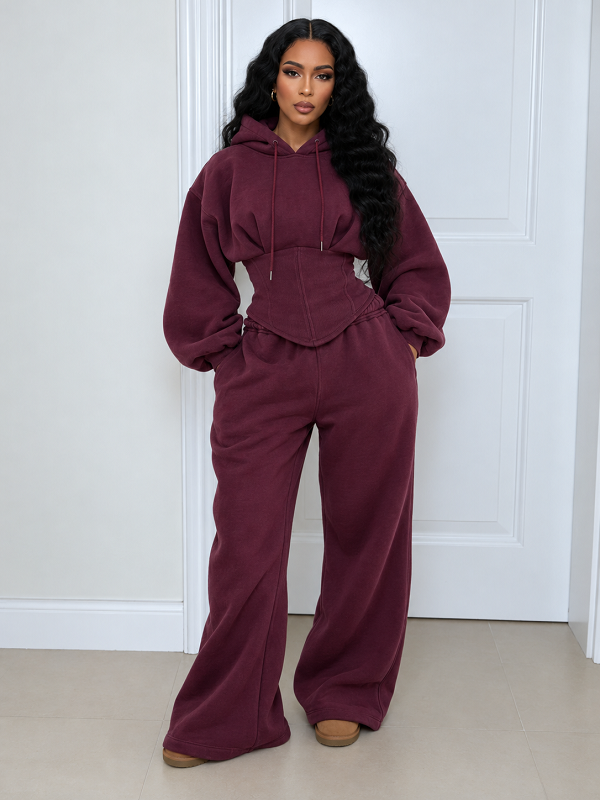 Solid Hoodie Cinched Waist Top & Pants Set