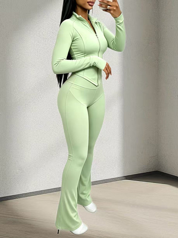 Solid Zip-Front Top& Flared Pants Set
