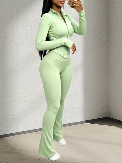 Solid Zip-Front Top& Flared Pants Set