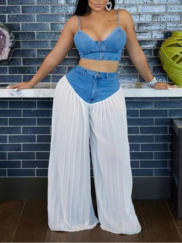 Denim Cami Top & Combo Pleated Pants Set