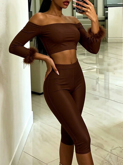 Solid Off-Shoulder Cropped Top & Capri Pants Set