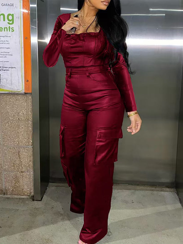 Faux-Leather Cargo Jumpsuit