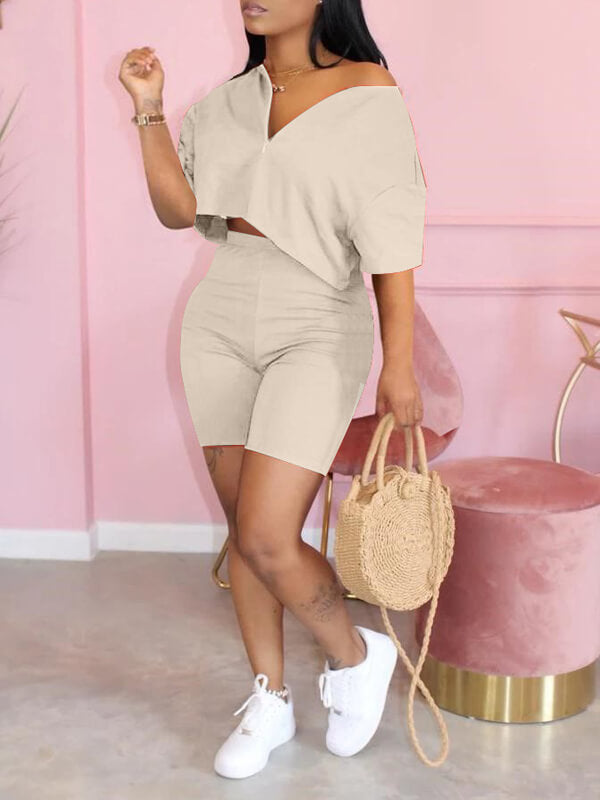 Solid Zip Top & Shorts Set