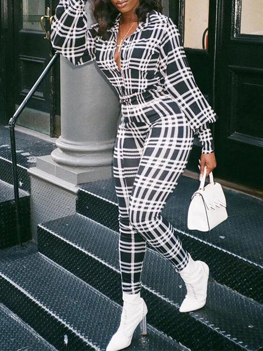 Plaid-Print Collared Jumpsuit