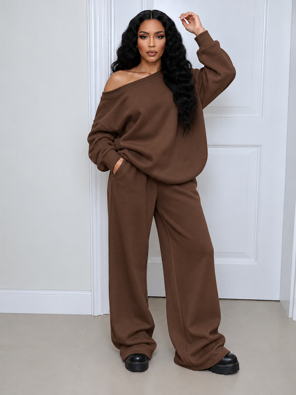 Solid Boat Neck Top & Pants Set