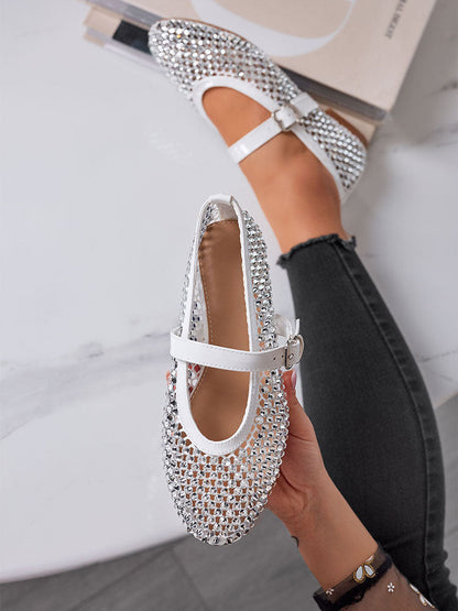 Rhinestone Leather Ballet Flats