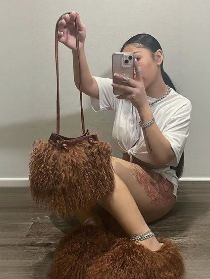 Fluffy Fur Bag & Slides Set