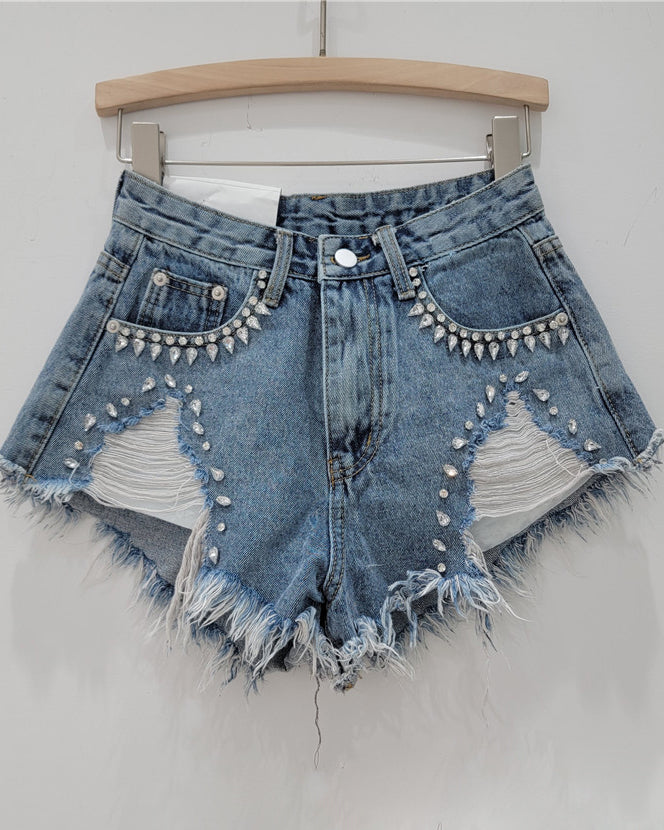 Diamond-Encrusted Frayed Denim Shorts Blue