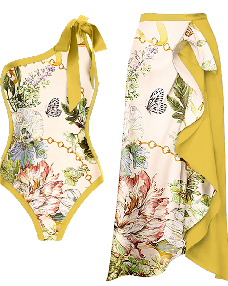 One Shoulder Floral Print One Piece Swimsuit and Skirt Tan