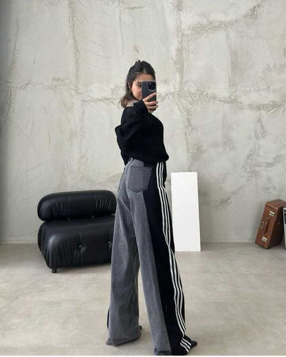 High Waisted Straight Pants Casual Pants Striped Patchwork Jeans Women Grey