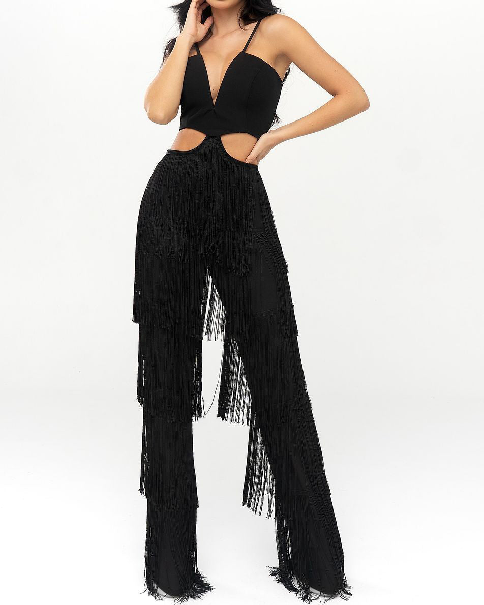 Cut-Out Waist-Revealing Fringed Jumpsuit (Pre-Sale)