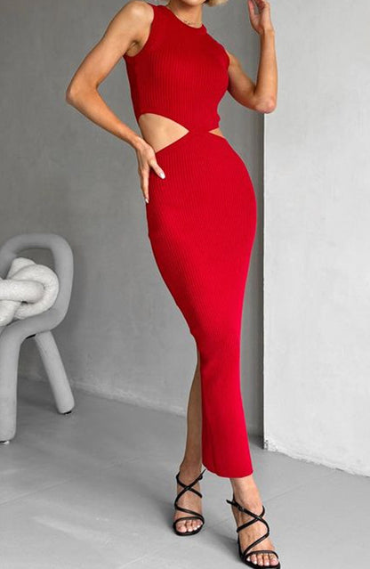 Knitted Ribbed Waist Cutout Slit Bodycon Dress (Pre-sale)