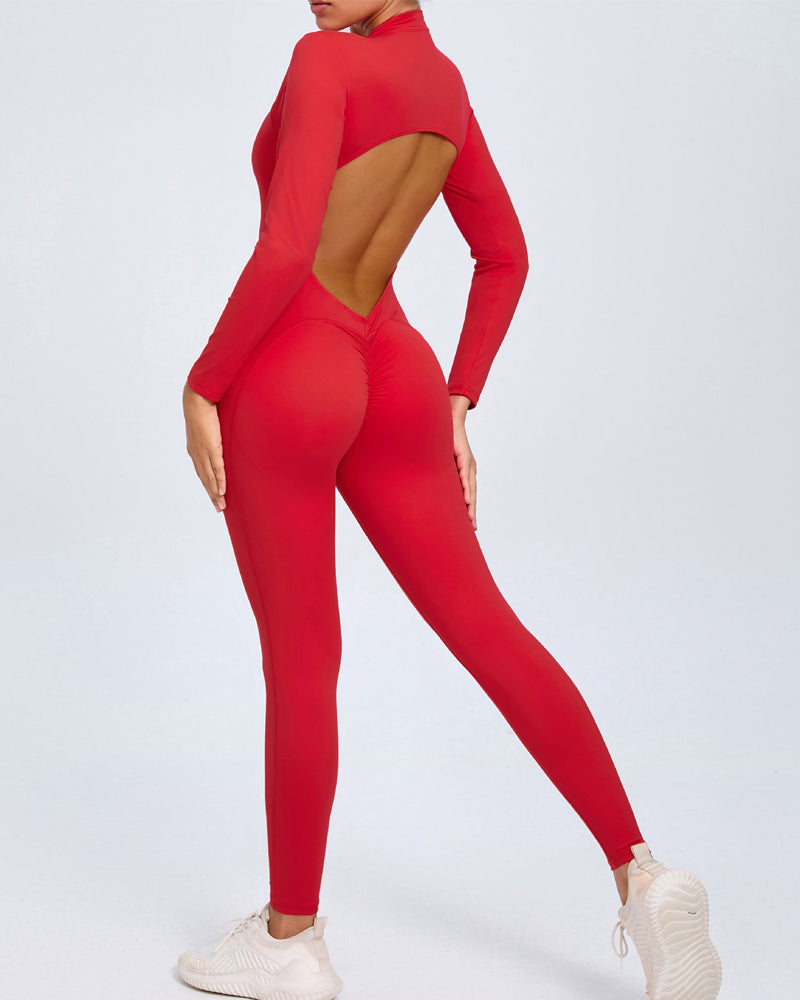 Zippered Long Sleeve Butt Lift Yoga Jumpsuit