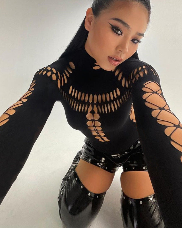 Dark Cyber Y2k Punk Sexy Hollow Out Long Sleeve Bodysuits