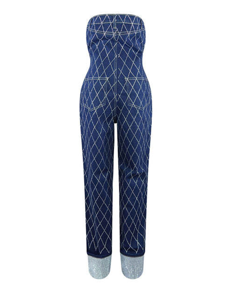 Denim jumpsuits med fargede diamanter