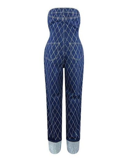 Denim jumpsuits med fargede diamanter