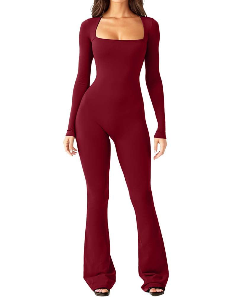 Long Sleeve Wide Collar Slim Fit Yoga Jumpsuit DarkRed