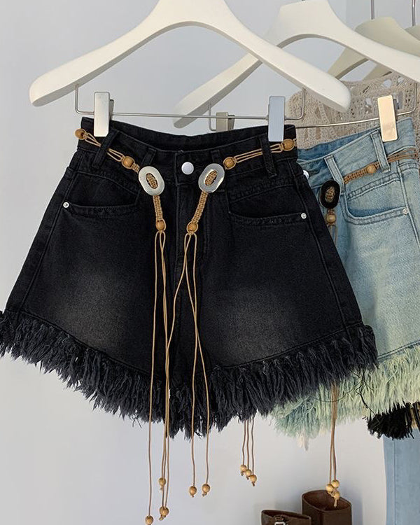 Fringed Raw Edge Denim Shorts (Without Belt)