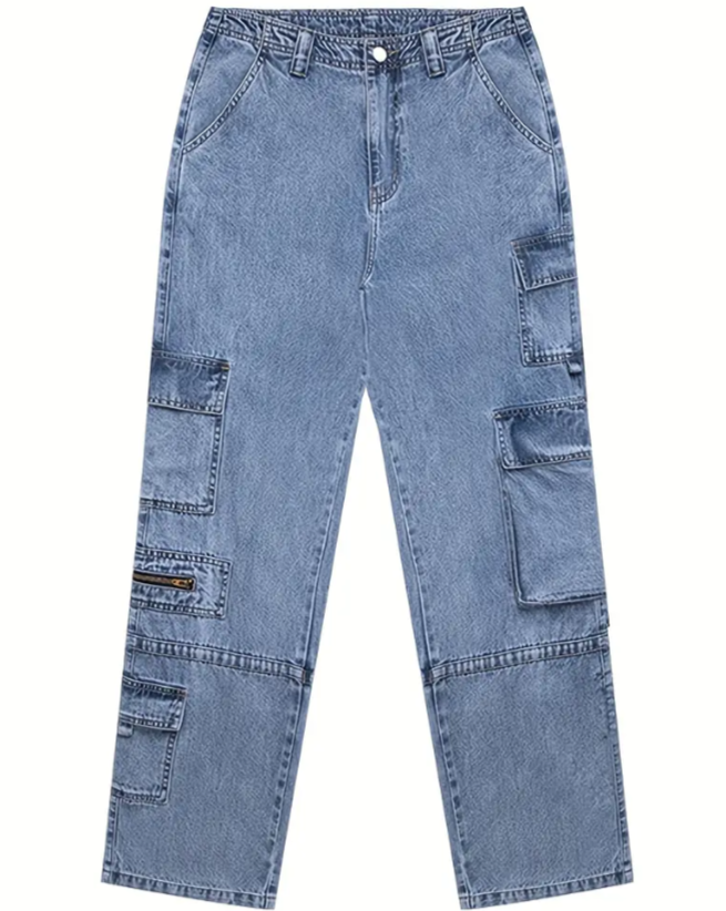 Vintage Cargo Y2K Chic Straight Zippers Pocket Baggy Jeans Female Trousers Blue