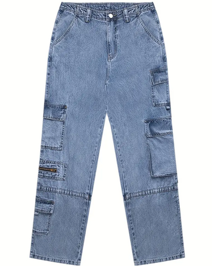 Vintage Cargo Y2K Chic Straight Zippers Pocket Baggy Jeans Female Trousers Blue