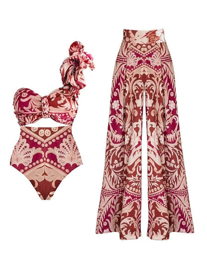 One Shoulder Ruffle Printed One Piece Swimsuit and Pant