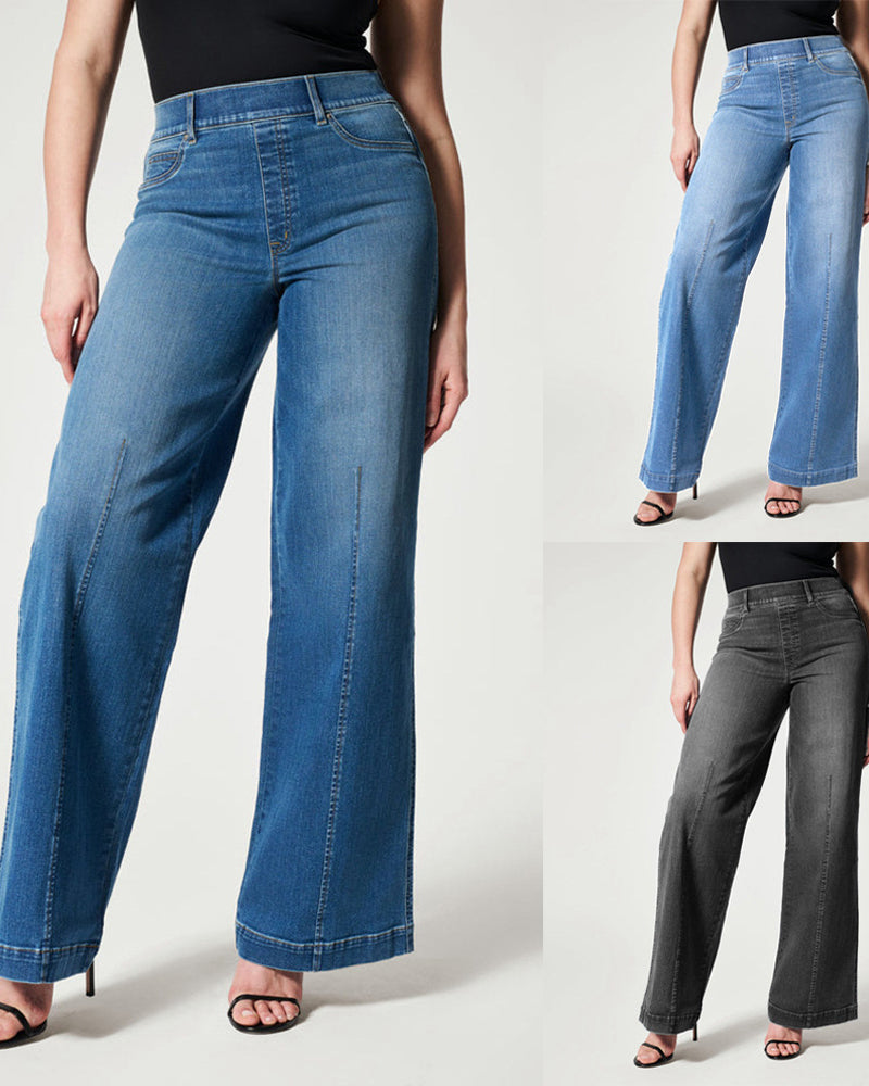 Wide-Leg High Stretch Elastic Waist Washed Jeans