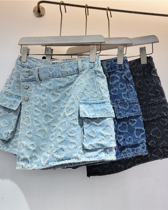 Jacquard Love Heart High Waist Loose Denim A-Line Shorts Skirt