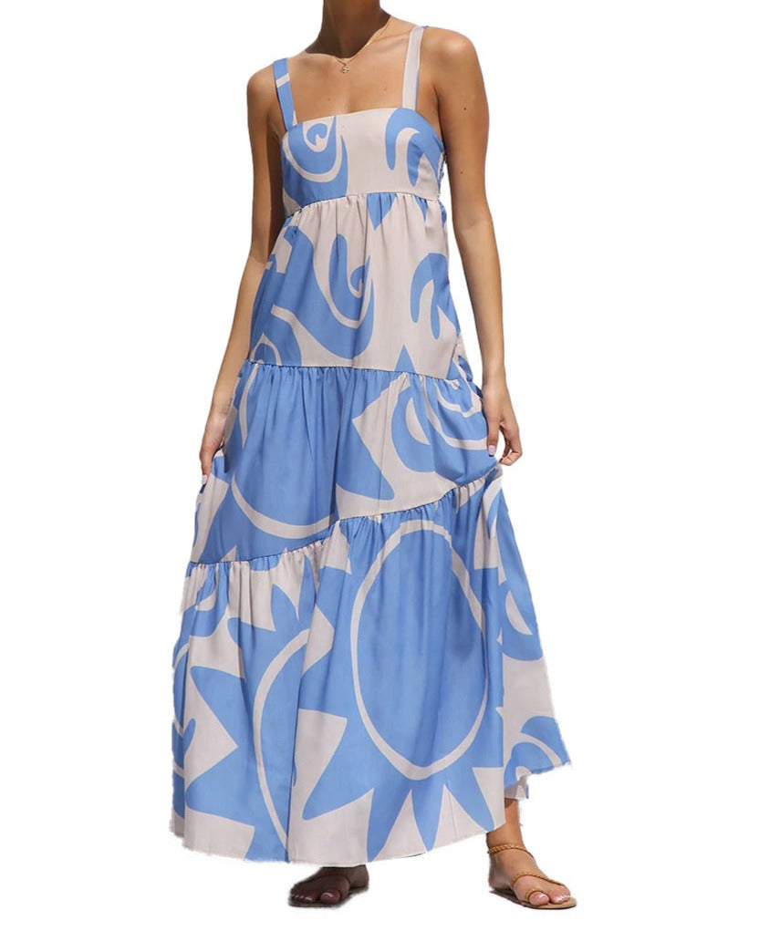 Simple Printed Suspender Maxi Dress with Large Skirt Blue