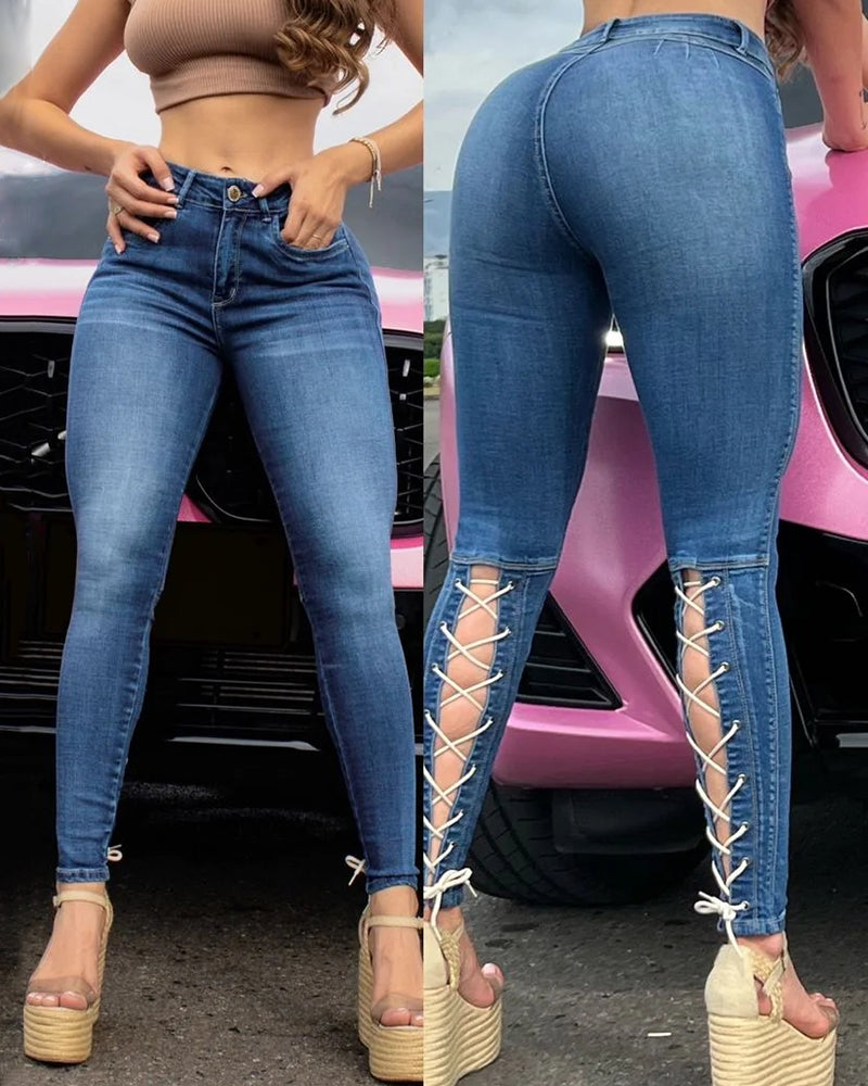 Women Strappy Skinny Jeans Blue