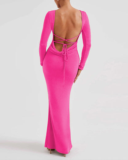 Backless Criss-Cross Tie High-Waist Hip-Hugging Long-Sleeved Dress