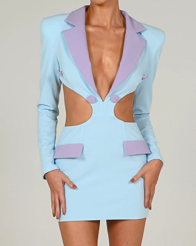 Colorblock Lapel Backless Blazer Dress