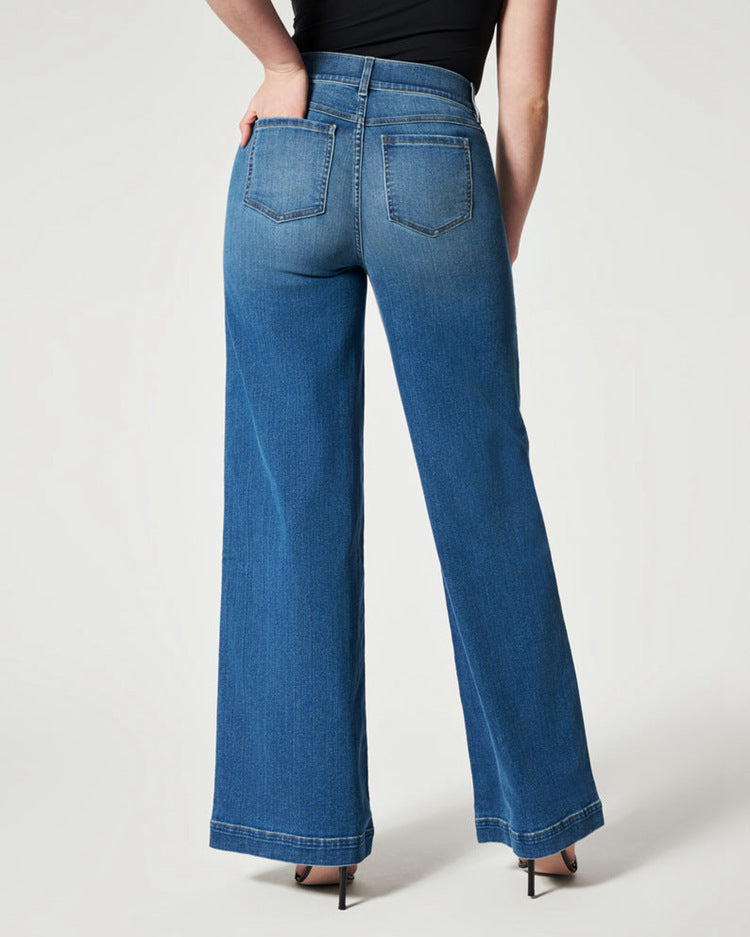 Wide-Leg High Stretch Elastic Waist Washed Jeans