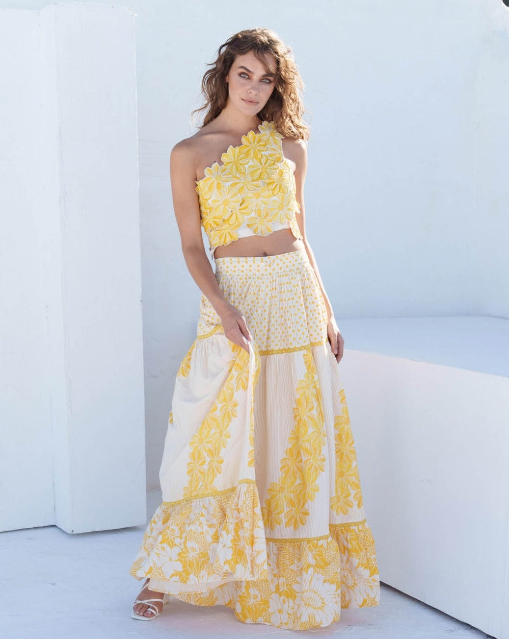 One-Shoulder Colorblock Floral Top and Long Skirt Set Yellow