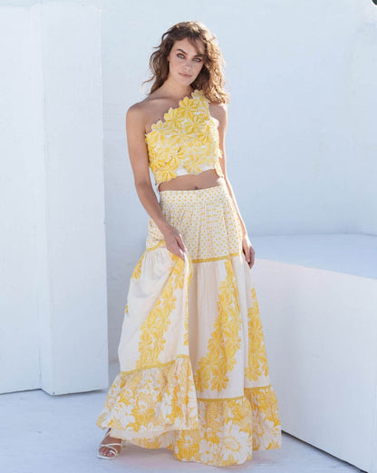 One-Shoulder Colorblock Floral Top and Long Skirt Set Yellow